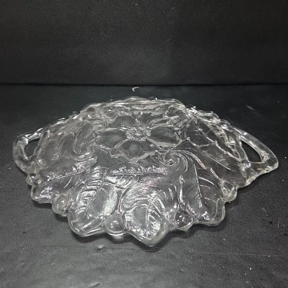Indiana Glass Handled Serving‎ Tray, Vtg Embossed Wild Roses Design, Centerpiece